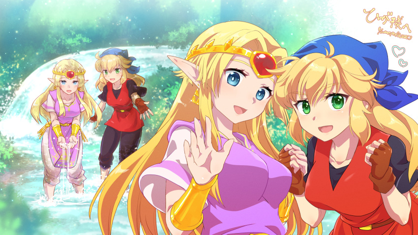 2girls ahoge armband bandana belt black_pants black_shirt blonde_hair blue_bandana blue_eyes blush breasts brown_belt brown_gloves cadence_(necrodancer) cadence_of_hyrule commission crypt_of_the_necrodancer dress eyelashes fingerless_gloves fingernails forest gloves green_eyes highres holding_water large_breasts long_hair looking_at_viewer multiple_girls multiple_views nature open_mouth outdoors pants pink_dress pink_pants pointy_ears princess princess_zelda red_tunic shirt short_sleeves skeb_commission stream the_legend_of_zelda upper_body wading water yumechi