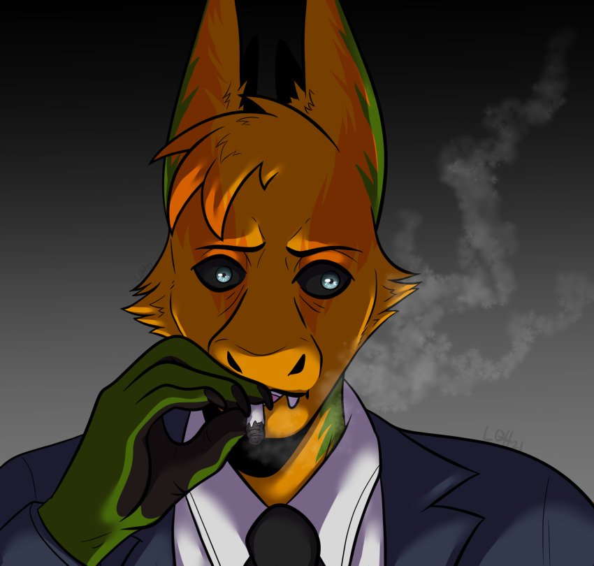 anthro cigarette cigarette_in_mouth cigarette_smoke clothing gemini_the_sergal hi_res looking_at_viewer male multicolored_body object_in_mouth sergal smoke smoking smoking_cigarette solo suit