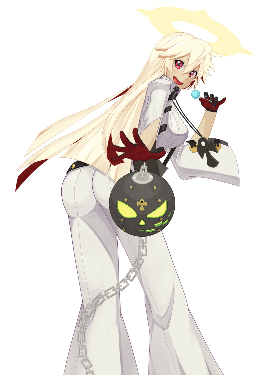 ahoge ankh arc_system_works ass ball_and_chain blonde_hair bodysuit breasts candy cross_necklace from_behind gloves guilty_gear guilty_gear_xrd guilty_gear_xrd:_revelator halo jack-o_(guilty_gear) large_breasts leaning leaning_forward lollipop long_hair looking_at_viewer multicolored_hair necklace open_mouth red_eyes red_hair sideboob smile solo tongue two-tone_hair very_long_hair