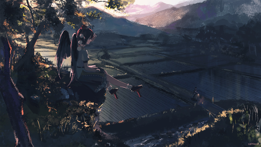 back bad_id bad_pixiv_id belt black_hair black_wings blouse bob_cut bridge commentary feathered_wings female from_side geta grass hat highres holding lantern looking_at_another mountain outdoors outstretched_arm pointy_ears pom_pom_(clothes) puffy_short_sleeves puffy_sleeves red_eyes red_hair ribbon-trimmed_skirt ribbon_trim rice_paddy road rural saltlaver scenery shade shameimaru_aya shirt short_hair short_sleeves signature sitting skirt socks solo_focus tengu-geta tokin_hat touhou tree walking white_legwear white_shirt wings