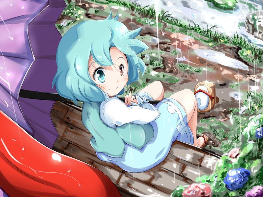 blue_eyes blue_hair commentary_request female flower from_above geta grass heterochromia hydrangea juliet_sleeves karakasa_obake kikurage_(sugi222) long_sleeves looking_at_viewer looking_back puddle puffy_sleeves rain red_eyes rock short_hair sitting skirt skirt_set smile solo stream tatara_kogasa touhou umbrella