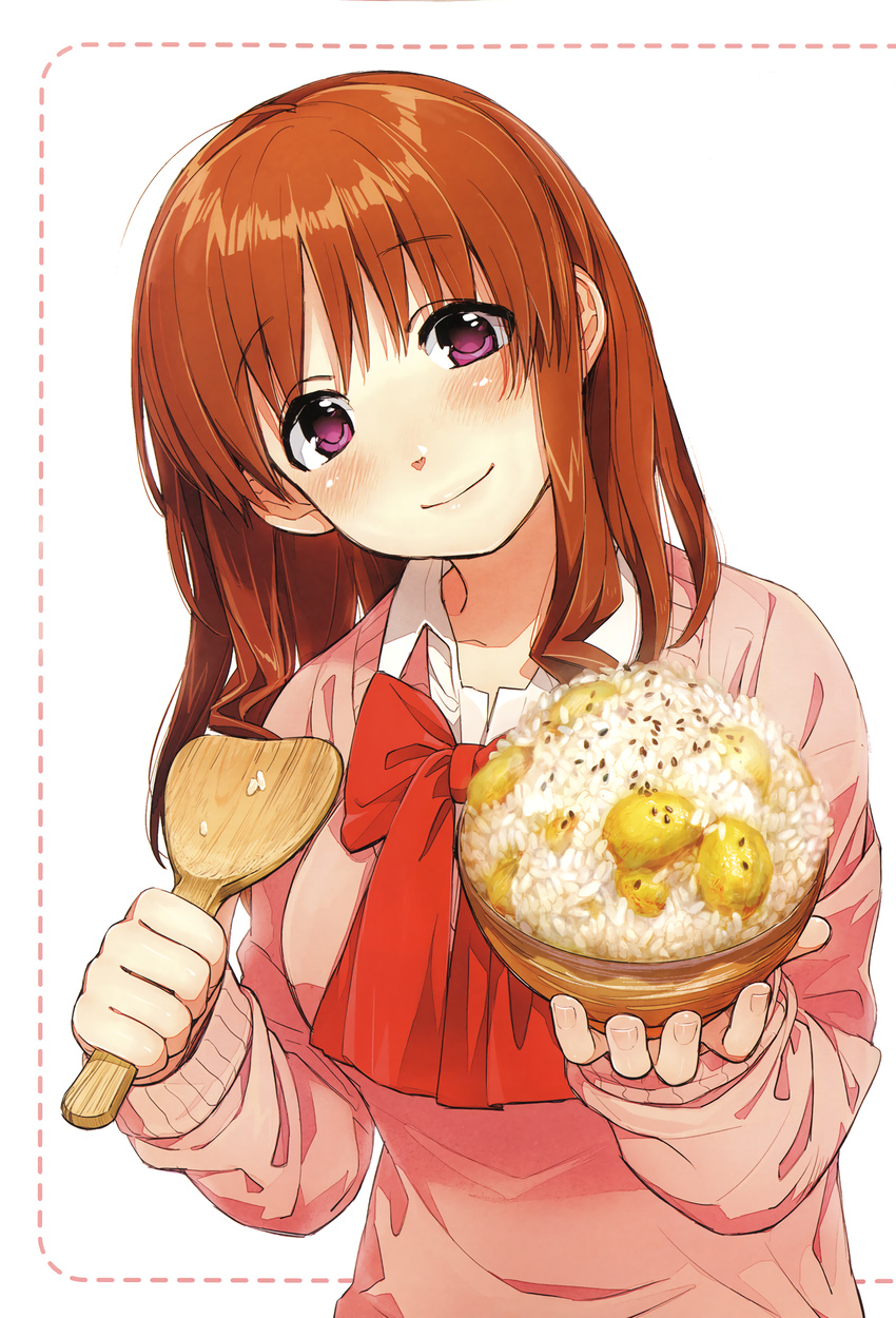 blush bowl brown_hair collarbone dotted_line female food highres holding holding_bowl kawai_makoto koufuku_graffiti long_sleeves looking_at_viewer machiko_ryou pink_eyes pink_sweater rice rice_bowl school_uniform shamoji smile solo sweater upper_body