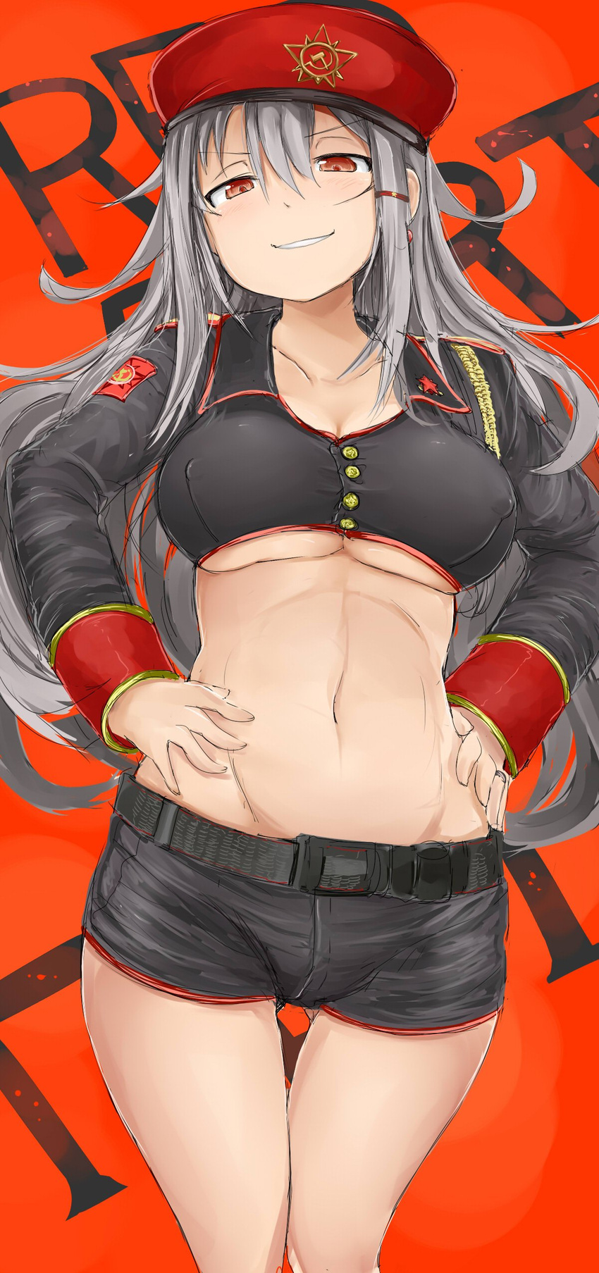 absurdres ass_visible_through_thighs belt beret blush breasts cleavage command_&_conquer command_&_conquer:_red_alert_3 commentary_request cosplay female gangut_(kancolle) grey_hair groin hair_between_eyes hammer_and_sickle hands_on_own_hips hat highres kantai_collection large_breasts long_hair midriff natasha_volkova natasha_volkova_(cosplay) navel okiraku_nikku red_background red_eyes short_shorts shorts smirk solo thigh_gap thighs underboob