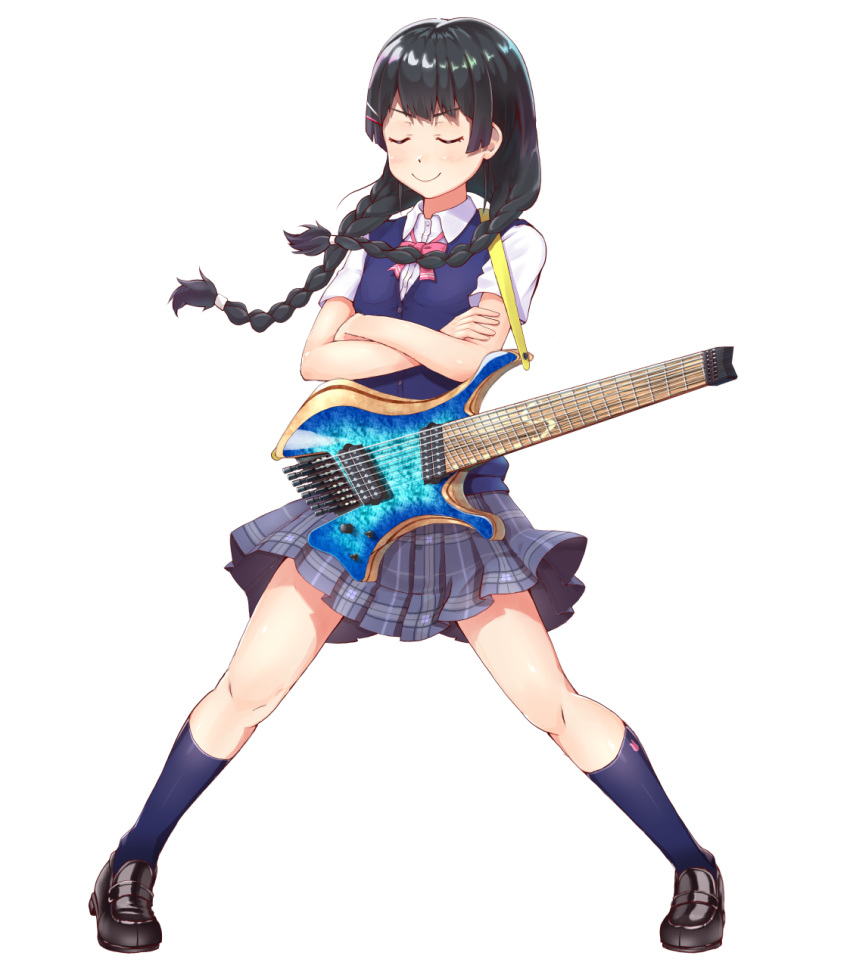 bad_id bad_pixiv_id black_footwear black_hair blue_socks blue_vest braid closed_eyes crossed_arms electric_guitar facing_viewer female full_body guitar guitaro_(yabasaki_taro) hair_ornament hairclip headless_guitar highres instrument long_hair nijisanji plaid plaid_skirt school_uniform short_sleeves skervesen_guitars skirt socks solo standing tsukino_mito tsukino_mito_(3rd_costume) twin_braids twintails vest virtual_youtuber white_background