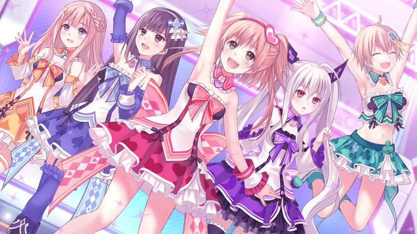 5girls aria_(omega_quintet) bad_source bare_shoulders black_hair blush boots closed_eyes detached_sleeves fukahire_(ruinon) hair_ornament highres jumping kanadeko knee_boots kyouka_(omega_quintet) long_hair midriff multiple_girls nene_(omega_quintet) omega_quintet open_mouth otoha_(omega_quintet) pleated_skirt purple_eyes red_eyes ribbon short_hair skirt smile stage thighhighs twintails two_side_up wide_sleeves wristband yellow_eyes zettai_ryouiki