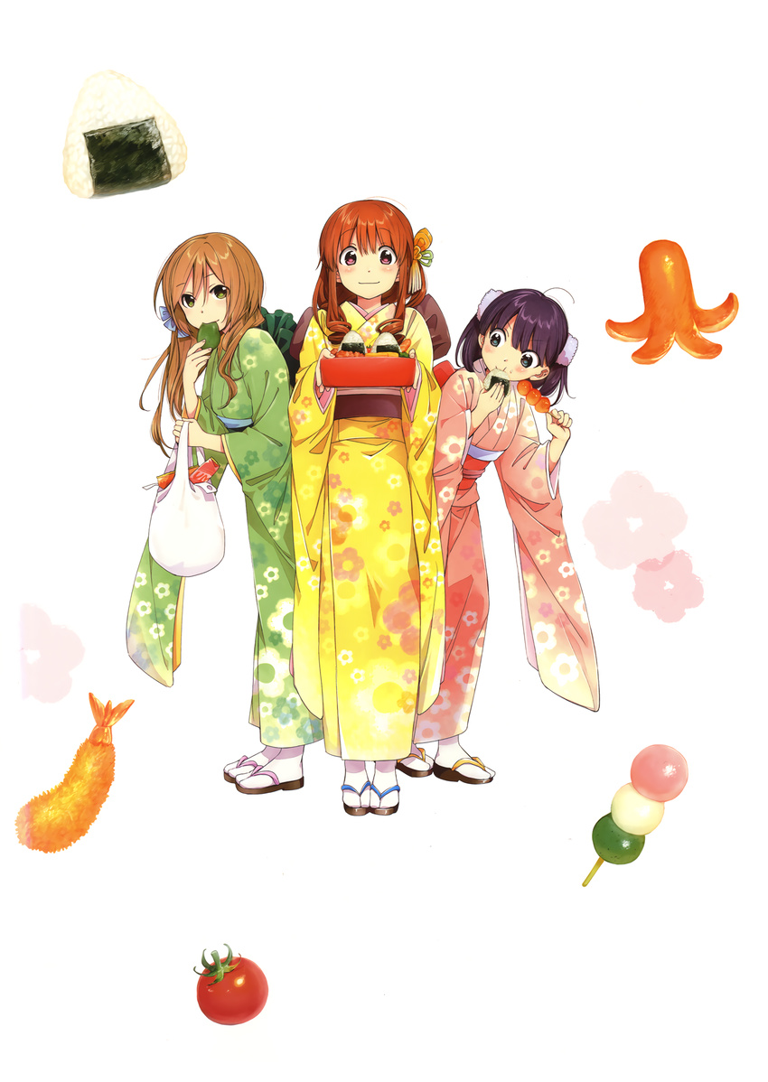 3girls ahoge bag blue_eyes blush brown_hair cherry_tomato chewing closed_mouth dango eating floral_print food food_art full_body green_eyes green_kimono hair_between_eyes highres holding holding_bag japanese_clothes kawai_makoto kimono koufuku_graffiti light_brown_hair long_hair long_sleeves machiko_ryou morino_kirin multiple_girls onigiri pink_kimono plastic_bag purple_eyes purple_hair sack sandals sanshoku_dango sash seaweed shiina_(koufuku_graffiti) short_hair shrimp shrimp_tempura simple_background smile socks standing tabi tako-san_wiener tempura tomato wagashi white_background white_legwear wide_sleeves yellow_kimono zouri