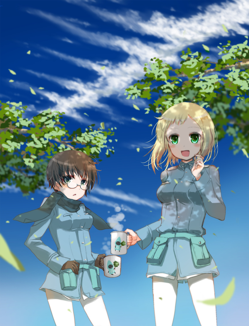 2girls black_eyes blonde_hair blush branch brown_hair cloud commentary cup day drink eini_a_lukkanen elma_leivonen flying glasses gloves green_eyes highres leaf military military_uniform mug multiple_girls no_pants pantyhose photoshop_(medium) pouch scarf short_hair sky smile steam strike_witches:_aurora_no_majo strike_witches:_suomus_misfits_squadron suomio uniform white_legwear wind world_witches_series