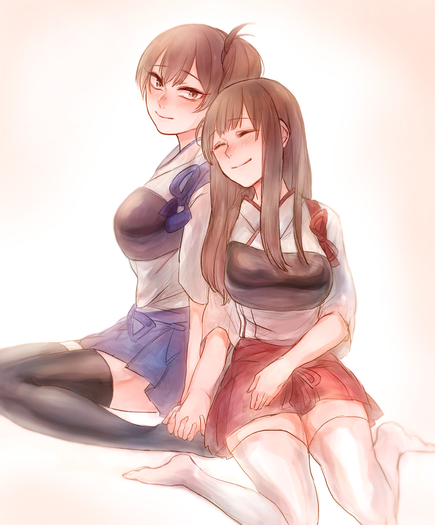 2girls akagi_(kancolle) bad_id bad_pixiv_id black_thighhighs blush brown_eyes brown_hair closed_eyes hakama hakama_short_skirt hakama_skirt highres holding_hands interlocked_fingers japanese_clothes kaga_(kancolle) kantai_collection long_hair multiple_girls muneate nose_blush side_ponytail sitting skirt smile tamawo_(mu_gi2) tasuki thighhighs wariza white_legwear yuri zettai_ryouiki