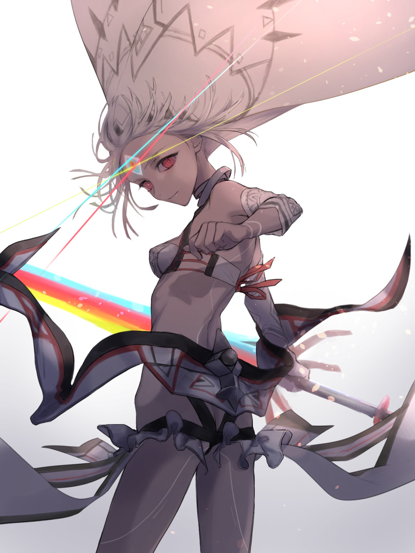 altera_(fate) ashita_kura ass bad_id bad_pixiv_id breasts commentary dark-skinned_female dark_skin facial_mark fate/extella fate/extra fate/grand_order fate_(series) female forehead_mark full-body_tattoo gradient_background grey_background highres holding holding_sword holding_weapon light photon_ray_(fate) red_eyes red_ribbon ribbon shadow short_hair small_breasts smile solo sword tattoo veil weapon white_background white_hair