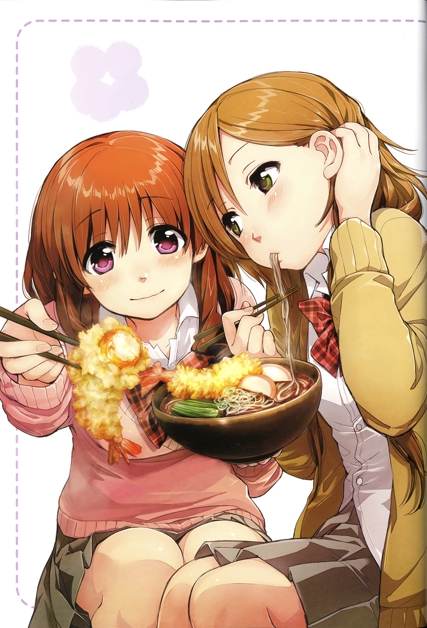 2girls blush bow bowl bowtie breasts brown_cardigan brown_hair cardigan chopsticks closed_mouth collar eating feeding fingernails food green_eyes grey_skirt hair_between_eyes highres holding holding_bowl holding_chopsticks incoming_food kawai_makoto koufuku_graffiti light_brown_hair long_hair long_sleeves looking_at_viewer looking_to_the_side machiko_ryou medium_breasts multiple_girls noodles pink_sweater plaid plaid_bow plaid_bowtie pleated_skirt purple_eyes red_bow red_bowtie school_uniform shiina_(koufuku_graffiti) shirt shrimp shrimp_tempura sitting skirt smile sweater tempura white_collar white_shirt wing_collar