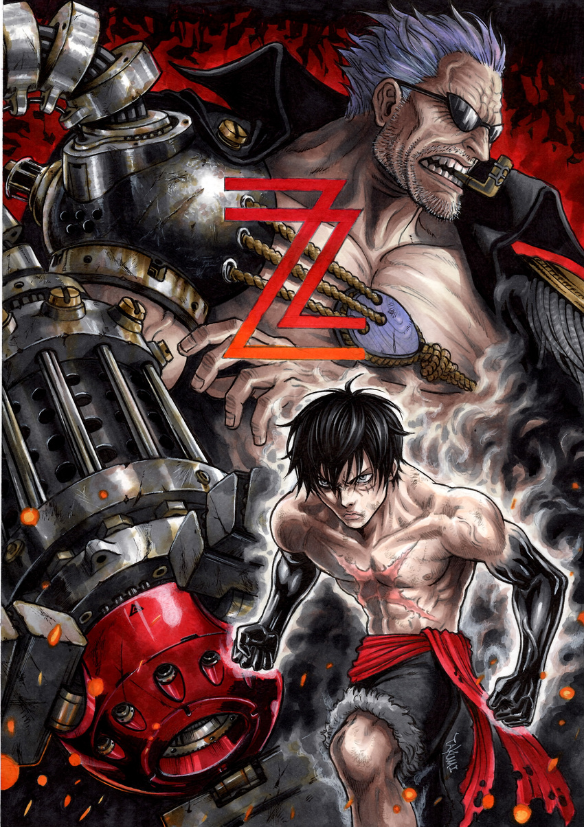 2boys absurdres arm_cannon aura bad_id bad_pixiv_id black_hair character_name clenched_hands commentary english_commentary epaulettes facial_hair fur_trim gear_second haki highres jacket jacket_on_shoulders kiseru male_focus mechanical_arms monkey_d._luffy multiple_boys muscular one_piece one_piece_film:_z purple_hair sash scar shorts signature single_mechanical_arm smoking_pipe stubble sunglasses takumi_(marlboro) topless_male veins weapon zephyr_(one_piece)