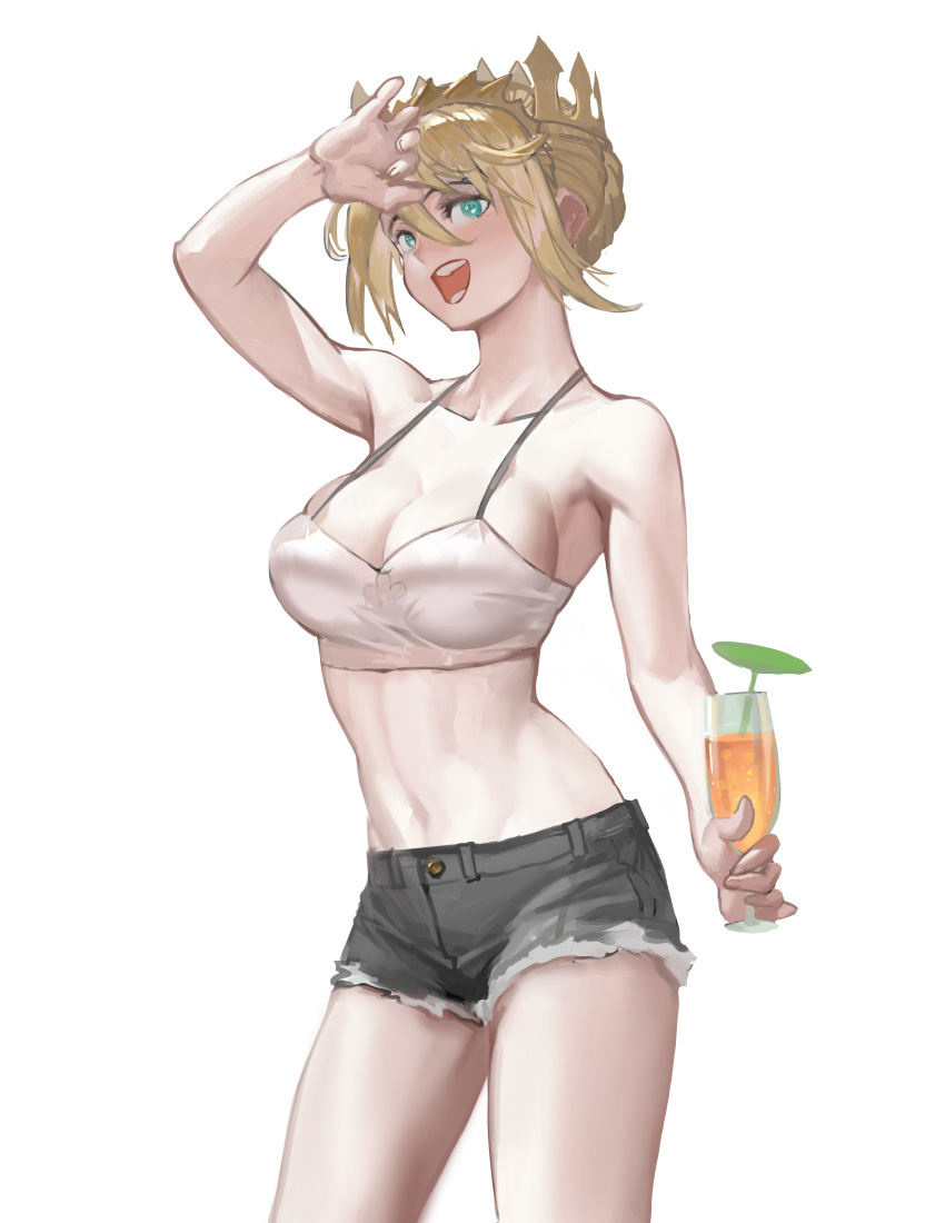 :d absurdres alternate_costume arm_up armpits artoria_pendragon_(fate) artoria_pendragon_(lancer)_(fate) blonde_hair braid breasts camisole champagne_flute cleavage commentary contrapposto cowboy_shot crop_top crown cup cutoffs denim denim_shorts drinking_glass fate/grand_order fate_(series) female french_braid fuli_dun green_eyes hair_between_eyes hair_bun highres large_breasts midriff navel open_mouth photoshop_(medium) shading_eyes short_hair short_shorts shorts single_hair_bun smile solo