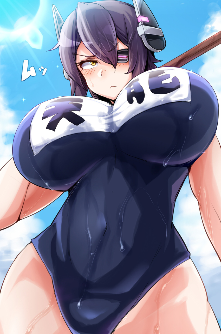 :< blush breasts commentary_request covered_navel eyepatch female headgear highres huge_breasts impossible_clothes impossible_swimsuit kantai_collection mumumu_(three_emu) one-piece_swimsuit purple_hair school_swimsuit short_hair solo swimsuit tenryuu_(kancolle) wet yellow_eyes