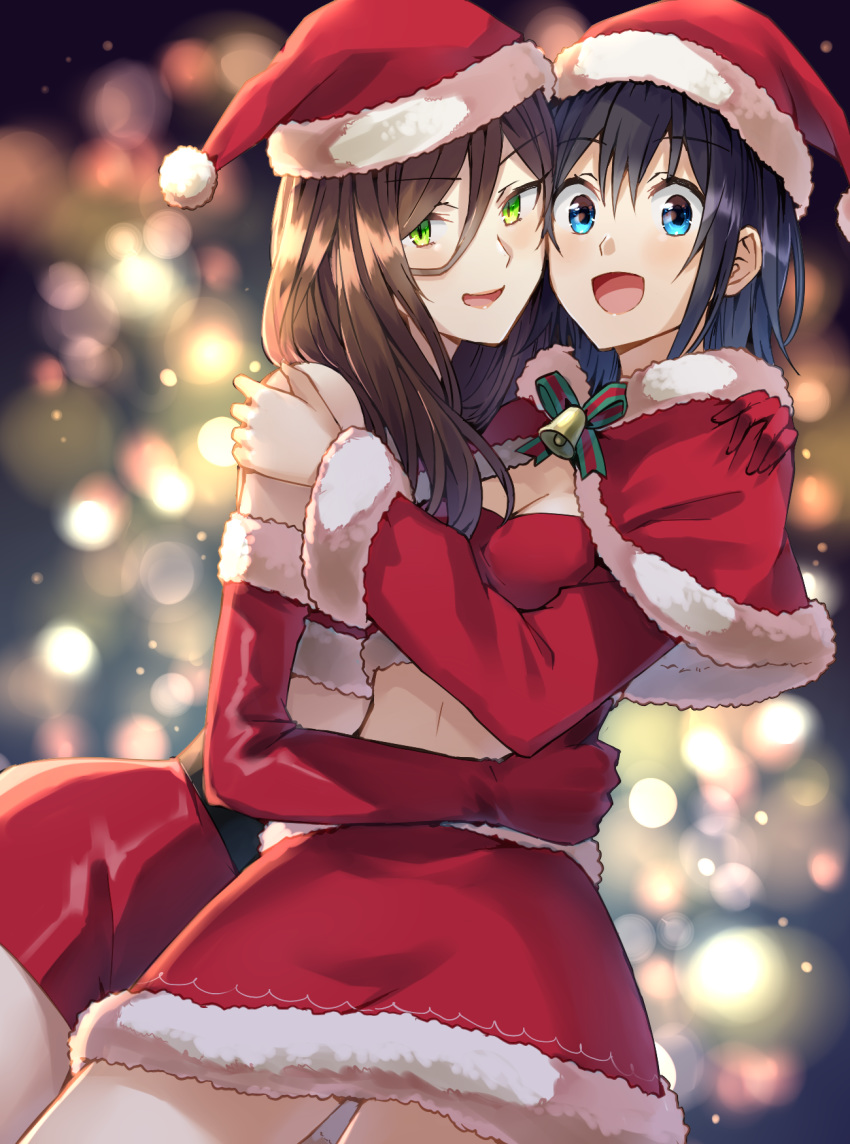 2girls :d bell belt blue_eyes blue_hair blurry blush bokeh breasts brown_hair capelet cleavage commentary_request cowboy_shot crop_top depth_of_field elbow_gloves fur-trimmed_capelet fur-trimmed_gloves fur-trimmed_headwear fur-trimmed_shirt fur-trimmed_skirt fur-trimmed_sleeves fur_trim gloves green_eyes green_ribbons hair_between_eyes hat hero-san_to_moto_onna_kanbu-san highres honey_trap_(hero-san_to_moto_onna_kanbu-san) honjou_hayate hug legs_apart light_particles long_hair long_sleeves looking_at_viewer medium_breasts midriff miniskirt multiple_girls open_mouth red_capelet red_gloves red_hat red_shirt red_skirt ribbon santa_costume santa_hat shirt sidelocks skirt sleeveless sleeveless_shirt slit_pupils smile somechime_(sometime1209) standing striped striped_ribbon thighs v-shaped_eyebrows wide_sleeves