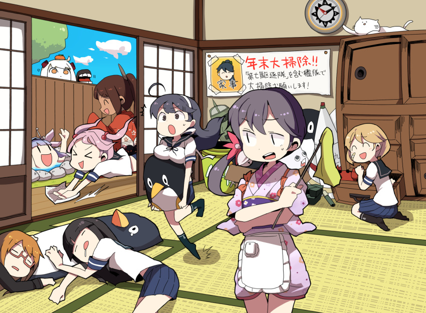 >_< 6+girls ^_^ abyssal_ship ahoge akebono_(kancolle) akebono_(new_year_mode)_(kancolle) apron bandaid bird black_eyes black_hair blue_hair blue_skirt blush breasts brown_hair bucket chest_of_drawers cleaning cleaning_brush clock closed_eyes cloud colored_skin commentary crab cushion dokan_(dkn) drooling dustcloth failure_penguin feline food fruit glasses hair_ornament hatsuyuki_(kancolle) headband highres houshou_(kancolle) i-19_(kancolle) i-401_(kancolle) indoors japanese_clothes kantai_collection kimono light_brown_hair long_hair long_sleeves lying mochizuki_(kancolle) multiple_girls northern_ocean_princess oboro_(kancolle) official_alternate_costume open_mouth orange_(fruit) orange_eyes penguin pink_hair pleated_skirt ponytail purple_hair sailor_collar saliva sazanami_(kancolle) school_uniform serafuku shirt short_hair sitting skirt sleeping sliding_doors smile socks standing sweat sweatdrop swimming tatami teeth tree tripping two_side_up ushio_(kancolle) v-shaped_eyebrows wariza white_hair white_skin yukata |_|