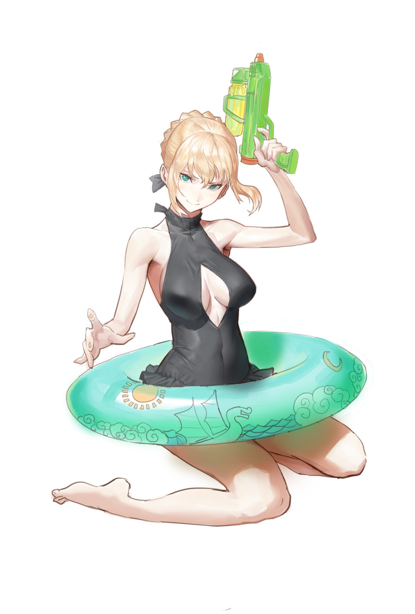 arm_up artoria_pendragon_(alter_swimsuit_rider)_(fate) artoria_pendragon_(alter_swimsuit_rider)_(first_ascension)_(fate) artoria_pendragon_(fate) black_one-piece_swimsuit blonde_hair braid breasts casual_one-piece_swimsuit cleavage_cutout clothing_cutout commentary covered_navel fate/grand_order fate_(series) female fuli_dun full_body green_eyes highres innertube looking_at_viewer one-piece_swimsuit photoshop_(medium) short_hair sidelocks simple_background sitting small_breasts smile solo swim_ring swimsuit updo water_gun white_background