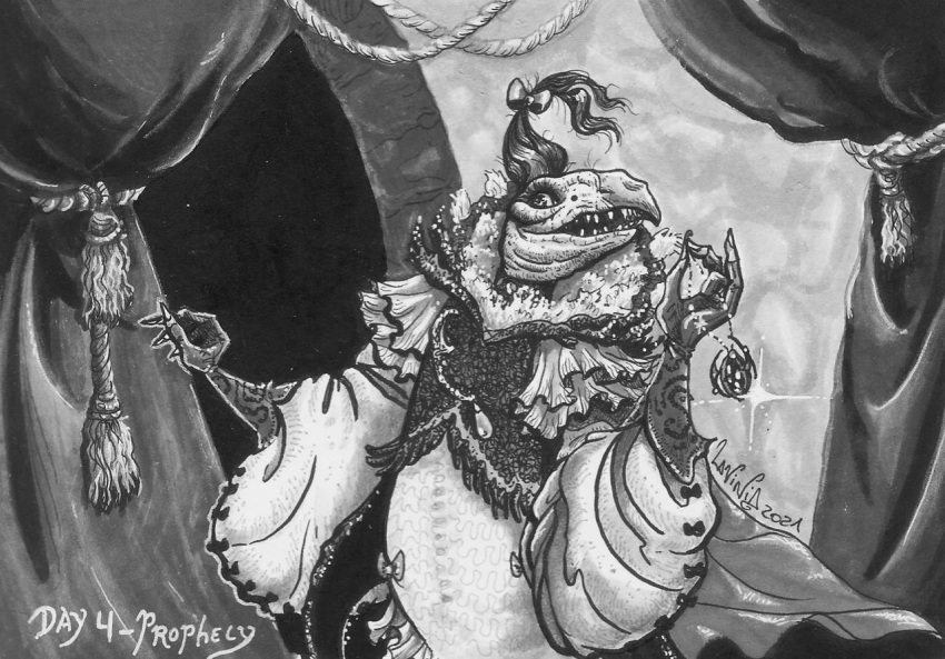 BBooru - alien anthro beak elderly fangs gown herm (lore) looking at ...