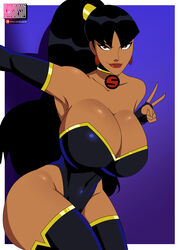 1girls big_breasts black_hair breast_grab choker cleavage dark-skinned_female dc_comics dcuaom female female_only ghostlessm hips huge_breasts justice_league:_crisis_on_two_earths legwear leotard lipstick long_hair looking_at_viewer peace_sign pinup red_earrings red_lipstick smile solo superwoman superwoman_(mary_batson) thick_thighs v villainess wide_hips rating:Explicit score:207 user:My_I