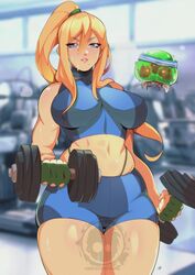 1girls blonde_hair blue_eyes breasts delux female female_only large_breasts looking_at_viewer metroid samus_aran thighs wide_hips rating:Questionable score:49 user:MegaPint