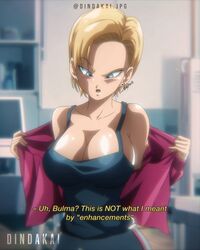 1girls android_18 blonde_hair blue_eyes breast_expansion breasts cleavage dindakai dragon_ball dragon_ball_super dragon_ball_z english_text female female_only implied_breast_expansion large_breasts pink_track_suit solo text track_suit rating:Explicit score:125 user:MegaPint