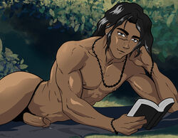  dark-skinned_male dark_hair dark_skin jacinra laying_down long_hair male male_only reading_book sole_male  rating:explicit score: user:jacinra