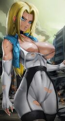 1girls android_18 bare_breasts big_breasts blonde_hair blue_eyes clothed clothing color dragon_ball elitenappa female female_focus female_only fit_female gloves hi_res large_breasts long_hair looking_at_viewer muscular muscular_female nipples pussy_visible_through_clothes ripped_clothing solo solo_female super_android_18 tagme thick_thighs veins rating:Explicit score:120 user:Gigiti