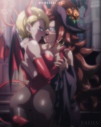 2girls android_18 android_21 android_21_(human) bat_wings big_ass big_breasts blonde_hair blue_eyes bob_cut breast_press breasts color colored dat_ass devil_horns dindakai dragon_ball dragon_ball_fighterz dragon_ball_super dragon_ball_z earrings glasses halloween kissing line_art long_hair looking_at_viewer red_hair saliva saliva_trail spit_trail trident witch witch_hat yellow_hair yuri rating:Questionable score:136 user:MegaPint