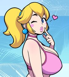 1girls 2023 big_breasts blonde_hair blowing_kiss blue_earrings blue_eyes blush blush_stickers bra breasts choker cleavage earrings female female_only from_side heart highres jam-orbital large_breasts lips lipstick looking_at_viewer makeup mario_(series) nintendo one_eye_closed outdoors pink_bra pink_choker pink_lips pink_lipstick pointing_at_self ponytail princess_peach puckered_lips side_view sideboob simple_background simple_shading solo tied_hair underwear upper_body wink winking winking_at_viewer rating:Questionable score:122 user:Subby_Boy~