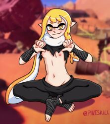  breasts clothed inkling inkling_girl new_agent_3_(splatoon) pineskill showing_breasts sitting small_breasts solo_female splatoon splatoon_(series) splatoon_3 stomach  rating:questionable score: user:pineskill