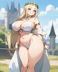 1girls ai_generated big_breasts blonde_female blonde_hair blonde_hair breasts cameltoe celestine_lucross curvy earrings elf elf_ears elf_female elf_girl female female_only green_eyes hourglass_figure kuroinu_~kedakaki_seijo_wa_hakudaku_ni_somaru~ navel nipple_bulge outdoors outside pointy_ears rocksolidart smile solo solo_female thick_thighs very_long_hair wide_hips rating:Questionable score:124 user:Civilized_Worm