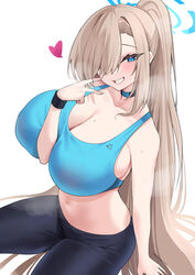 1girl 1girls asuna_(blue_archive) beauty_mark belly belly_button big_breasts blue_archive blue_eyes blush breast_press breast_squeeze breast_squish breasts breasts_bigger_than_head cleaning_&_clearing_(blue_archive) collar eyebrows eyelashes female funaya_(a2brasd) halo hand_on_breast handwear heart highres huge_breasts leggings long_hair millennium_science_school_student peace_sign smile solo solo_female solo_focus sport sports_bra sports_uniform sportswear stomach sweat sweatdrop sweating tank_top v_sign very_high_resolution very_long_hair yoga_pants rating:Questionable score:110 user:LittleW