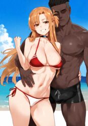 1boy 1girls ai_generated amber_eyes aroused asuna_(sao) beach big_breasts bikini blush blushing breasts cheating cheating_girlfriend cheating_wife choker cloud clouds cuckold dark-skinned_male dark_skin imminent_sex interracial light-skinned_female light_skin long_hair mole mole_on_breast netorare ntr ocean precum samsara_ai sky straight sword_art_online thick_thighs thighs water yuuki_asuna rating:Explicit score:159 user:lamasorca