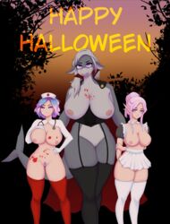  3girls anthro blood elf falara_amastracia halloween halloween_costume human maid_outfit nurse_cap pubic_hair purple_hair reeli revy_(ultimaxeno) rikka_(ultimaxeno) shark shark_girl vampire_costume  rating:explicit score: user:ultimaxeno