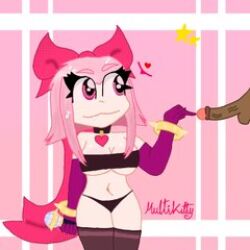  1girls black_bra black_panties bracelet brawl_stars melodie_(brawl_stars) microphone multikitty penis pink_hair purple_gloves  rating:explicit score: user:bot