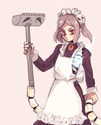  bloody_marie_(skullgirls) female fire maid simple_background skullgirls solo vacuum vacuum_cleaner  rating:questionable score: user:bot