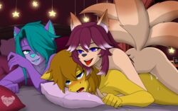 anal anthro anthro_on_anthro anthro_only bed bedroom blue_eyes blush brown_hair cream_fur cum cum_in_hair cum_on_face curtains fairy_lights femboy fox fox_ears fox_tail furry furry_only gay gay_anal gay_sex green_eyes green_hair hug_from_behind implied_penetration kitsune looking_at_another lying lying_down male male_only mounted multiple_boys multiple_tails oerba_yun_fang on_stomach orgasm orgasm_face pillow pleasure_face pony ponyecho purple_eyes purple_fur roxi_rails suki-ren tempest_sketch tongue_out wolf wolf_ears yellow_fur rating:Explicit score:5 user:PonyEcho