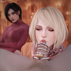  1boy 1boy2girls 2d 2d_(artwork) 2d_artwork 2girls ada_wong ashley_graham ashley_graham_(ella_freya) asian asian_female black_hair blonde_eyebrows blonde_female blonde_hair brown_eyes capcom chastity chastity_cage chastity_device closed_eyes clothed clothed_female_nude_male clothing dominant_female domination female kissing kissing_chastity_cage kissing_penis kissing_penis_tip light-skinned_female light-skinned_male light_skin looking_at_viewer male male/female male/female/female mizzle non-web_source orange_jacket penis puckered_lips red_sweater resident_evil resident_evil_4 resident_evil_4_remake small_penis small_penis_adoration submission submissive_male teasing watermark  rating:explicit score: user:mizzleart