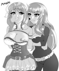 2girls arms_behind_back belt belt_pouch big_breasts bondage bound bound_arms breasts busty cleavage corset covering_another's_mouth covering_mouth female female_only femdom femsub fire_emblem fire_emblem_engage from_behind gag gagged goldmary_(fire_emblem) hand_gagged hand_over_another's_mouth hand_over_mouth handgag heart-shaped_pupils large_breasts leonart long_hair monochrome nipple nipple_slip one_breast_out restrained smile smiling smiling_at_partner tagme yunaka_(fire_emblem) yuri rating:Explicit score:13 user:Blackbird91