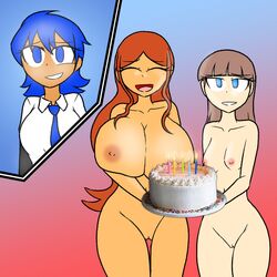 3girls blue_(blue_ink22) blue_hair blue_ink22 blue_tie breasts cake clara_garcia clothed_female_nude_female eyes_closed huge_breasts joana_jimenez light_brown_hair long_hair medium_breasts mole mole_under_eye nairod103098 navel nipples nude_female pussy red_hair shirt short_hair small_breasts tagme tie white_shirt rating:Explicit score:4 user:Antipenitant