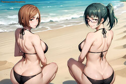 2girls ai_generated artist_name ass ass_focus back_muscles bare_shoulders beach big_ass bikini bikini_bottom bikini_top breasts brown_eyes brown_hair butt_crack curvaceous curvy_figure female female_only from_behind glasses green_hair huge_ass jujutsu_kaisen kugisaki_nobara light-skinned_female light_skin long_hair looking_at_viewer looking_back multiple_girls nai_diffusion outdoors pale-skinned_female pale_skin patreon_username ponytail seashell seaside sitting_on_person skimpy skimpy_bikini stable_diffusion swimsuit temptart url watermark web_address yellow_eyes zenin_maki rating:Questionable score:156 user:Diwan