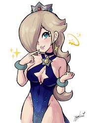 1girls belly_button_visible_through_clothing blonde_hair bracelet breasts clothed_female crown earrings eye-level_view female female_only hair_over_one_eye mario_(series) nintendo princess_rosalina solo starry_night_dress_(sarukaiwolf) super_mario_galaxy tagme white_background yamino_ekakinin rating:Questionable score:62 user:Mudlover