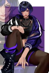 1girls big_breasts black_and_purple_hair jacket kittymiya namco pantyhose pin_up posing purple_eyes reina_mishima shoes short_hair shorts tank_top tekken tekken_8 rating:Questionable score:48 user:TroyDillon