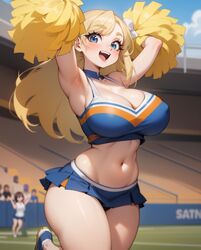 1girls :d ai_generated armpits big_breasts blonde_female blonde_hair blue_eyes breasts cheerleader cheerleader_uniform curvy eyebrows_visible_through_hair female female_only navel nipple_bulge open_mouth outdoors outside rocksolidart schoolgirl solo solo_female thick_thighs wide_hips rating:Questionable score:36 user:Civilized_Worm