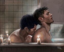  2021 2boys actor angel artist_name artist_signature artist_website bara bath bathing bathroom beard_stubble black_hair brown_hair candle candles castiel castiel_(supernatural) celebrity couple dark_hair dean_winchester duo freckles gay head_on_head human in_character jackiedeeart jensen_ackles kissing light_skin light_skinned_male looking_pleasured male male/male male_only misha_collins open_mouth romantic romantic_ambiance shared_bathing stubble supernatural_(series) yaoi  rating:questionable score: user:priape