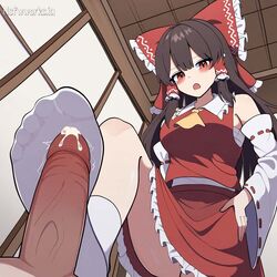 1boy 1boy1girl 1girls ai_generated cum cumming foot_fetish footjob footwear hairbow nsfwworks.ia reimu_hakurei sockjob socks touhou trample rating:Explicit score:50 user:nsfwworks.ia