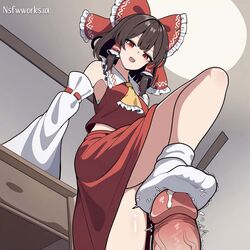 1boy 1boy1girl 1girls ai_generated cum cumming foot_fetish footjob footwear hairbow nsfwworks.ia reimu_hakurei sockjob socks touhou trample rating:Explicit score:69 user:nsfwworks.ia