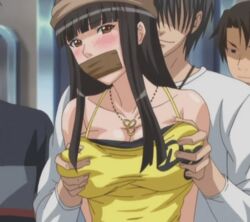 animated black_hair blush breast_grab breasts brown_eyes chikan cleavage crimson_girls_chikan_shihai fondling gag groping kuroha_mitsu long_hair lowres molestation pendant tank_top tape tape_gag taped_mouth rating:Explicit score:66 user:bot