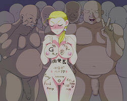 bald blonde_hair blush body_writing breasts censored circle_plum english fat_man flaccid hasunuma_riko humiliation large_breasts nipples nude penis smile terao rating:Explicit score:8 user:bot