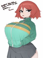  ai_generated freckles ginger ginger_hair huge_breasts imminent_wardrobe_malfunction jacket kim_pine scott_pilgrim skirt talking_to_viewer ttt_ia23  rating:safe score: user:janjes