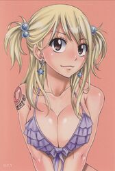 :3 bikini_top blonde_hair breasts brown_eyes cleavage earrings fairy_tail female female_only highres human jewelry large_breasts lucy_heartfilia mashima_hiro shounen_jump solo star tattoo two_side_up rating:Questionable score:136 user:Tsukue